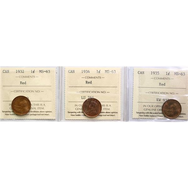 1932 1¢, 1934, 1935, All 3 coins ICCS Choice Mint State-63 Red.