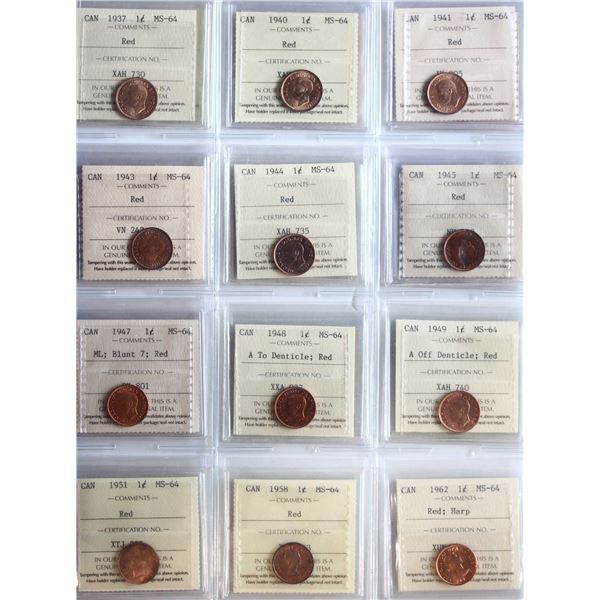 1937-2009 1¢  All 22 coins ICCS Very Choice Mint State-64 Red.  Includes some better and interesting