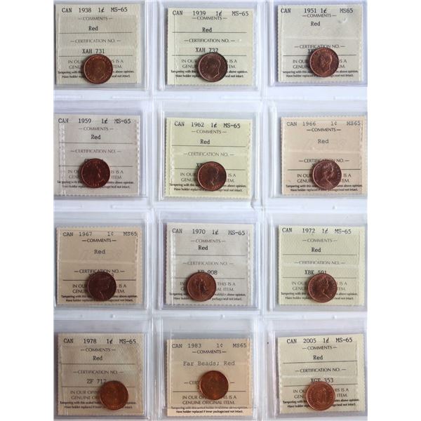 1938-2005  1¢  All 12 coins ICCS Gem Mint State-65 Red.
