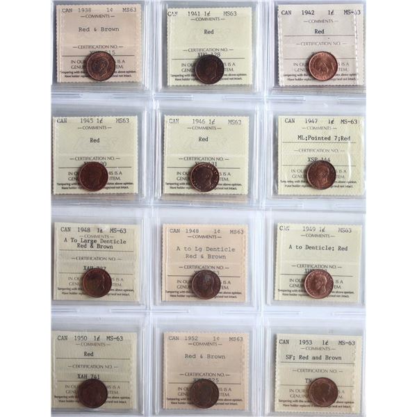 1938-2006 1¢ All 17 coins ICCS Choice Mint State-63.  includes some better and interesting varieties