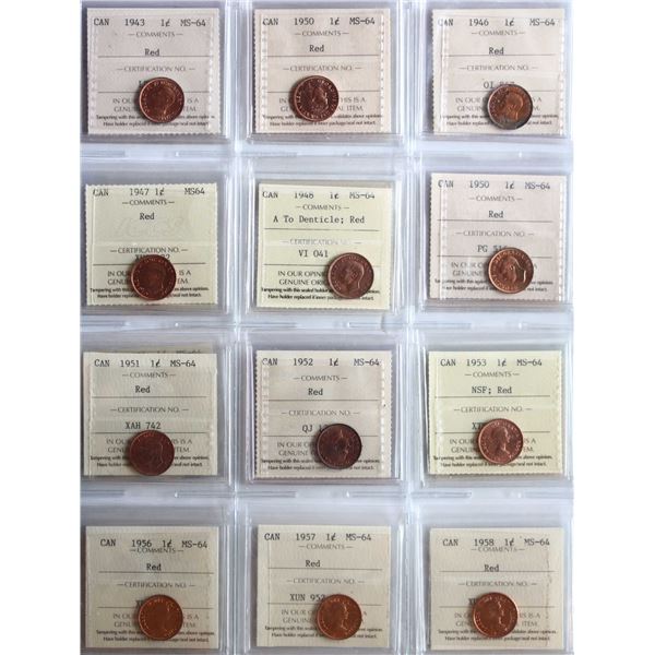 1943-2009 1¢  All 22 coins ICCS Very Choice Mint State-64 Red.  Includes some better and interesting