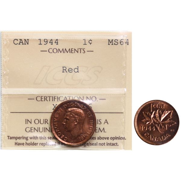 1944 1¢ ICCS Very Choice Mint State-64 Red 80% Red  lustre.