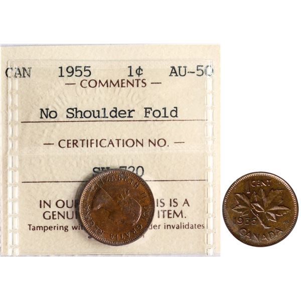 1955 1¢ "NSF" ICCS About Uncirculated-50 with traces if red luster.