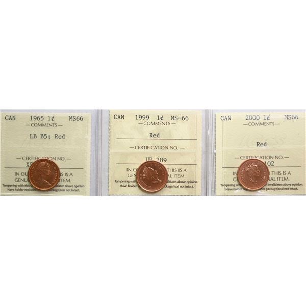 1965 1¢ "LB B5", 1999, 2000, All 3 coins ICCS Superb Gem Mint State-66 Full Red.