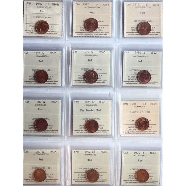 1966-2009 1¢  All 20 coins ICCS Gem Mint State-65 Red.