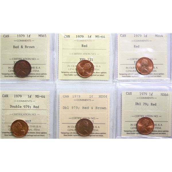 1979 1¢ ICCS, with several varieties.  Lot of 7 coins Choice Mint State-63 to Gem Mint State-65