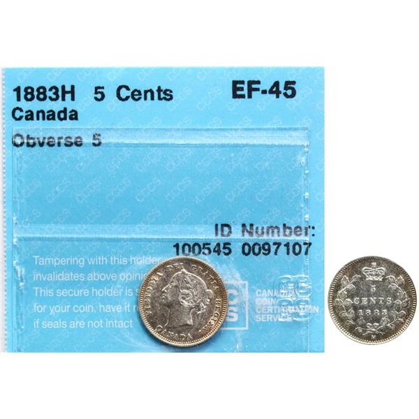 1883H "Obv.5" 5¢ ICCS Choice Extra Fine-45 Brilliant and lustrous with light golden tone.