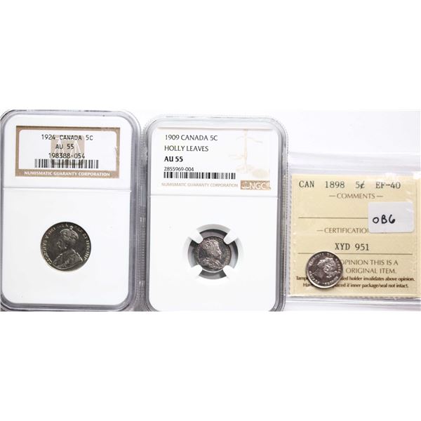 1898 5¢ ICCS Extra Fine-40, 1909 "RL" NGC Choice About Uncirculated-55, 1924 NGC Choice About Uncirc