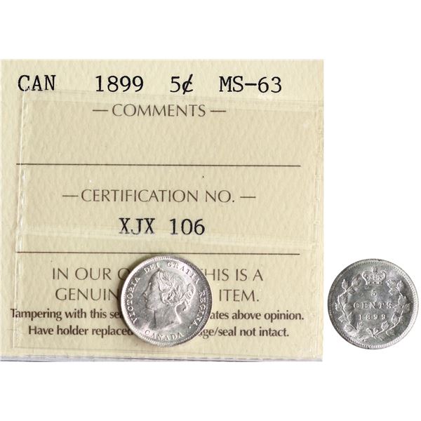 1899 5¢ ICCS Choice Mint State-63, Fully brilliant and lustrous.