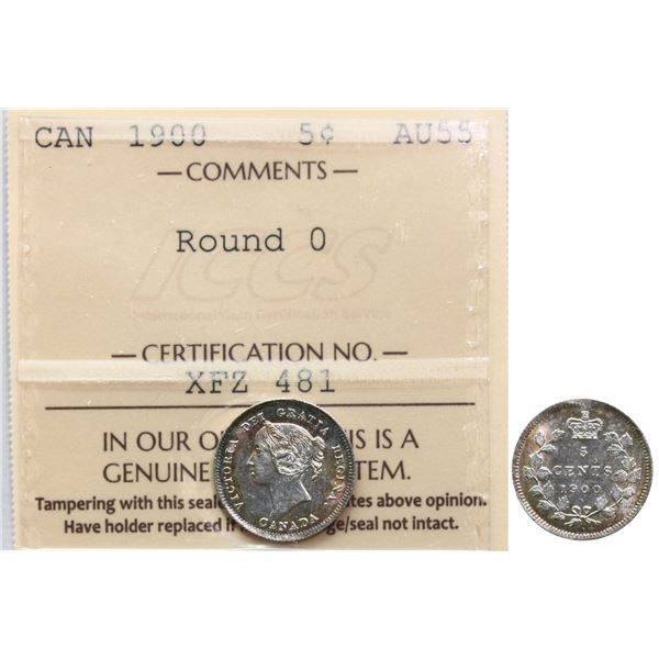 1900 5¢ "Round O's" ICCS Choice About Uncirculated-55 Light rainbow tones with lots of lustre.  Scar