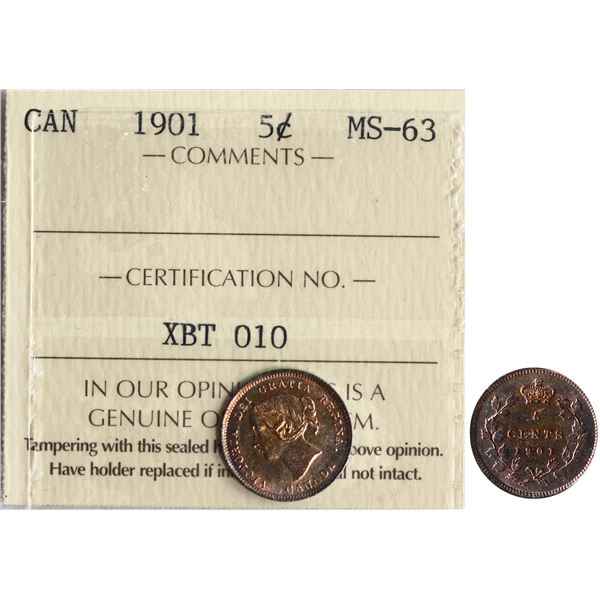 1901 5¢ ICCS Choice Mint State-63, Fully brilliant and lustrous.