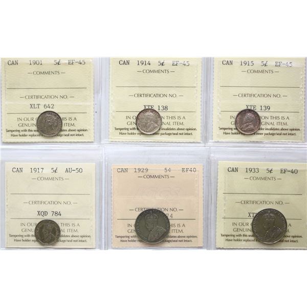 1901 5¢, 1914, 1915, !917, 1929, 1933, 1935 All 7 coins ICCS Extra Fine-40 to About Uncirculated-50