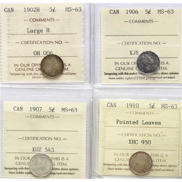 1902H 5¢ "Large H", 1906, 1907, 1910 "Pointed Lvs" All 4 coins ICCS Choice Mint State-63.