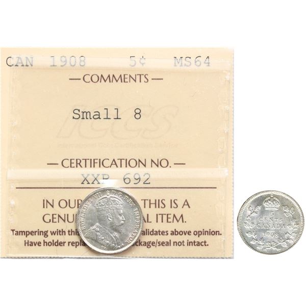 1908 5¢  "Small 8" ICCS Very Choice Mint State-64, Brilliant and lustrous.