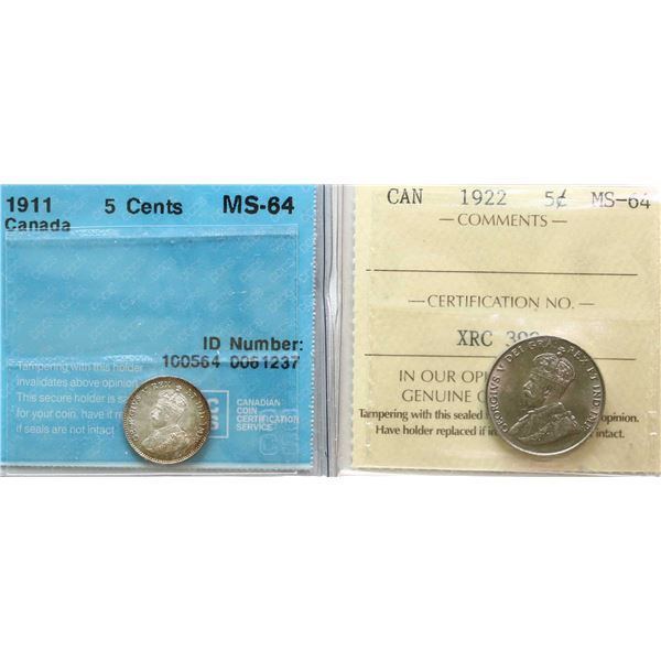 1911 5¢ CCCS Very Choice Mint State-64, 1922 ICCS Very Choice Mint State-64, Lot of 2 lustrous coins