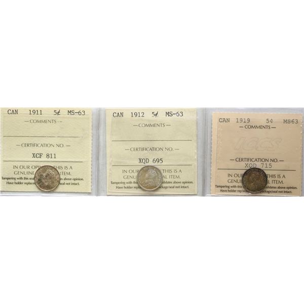 1911 5¢, 1912, 1919 All 3 coins ICCS Choice Mint State-63