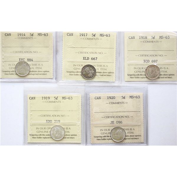 1914 5¢, 1917, 1918, 1919, 1920 All 5 coins ICCS Choice Mint State-63