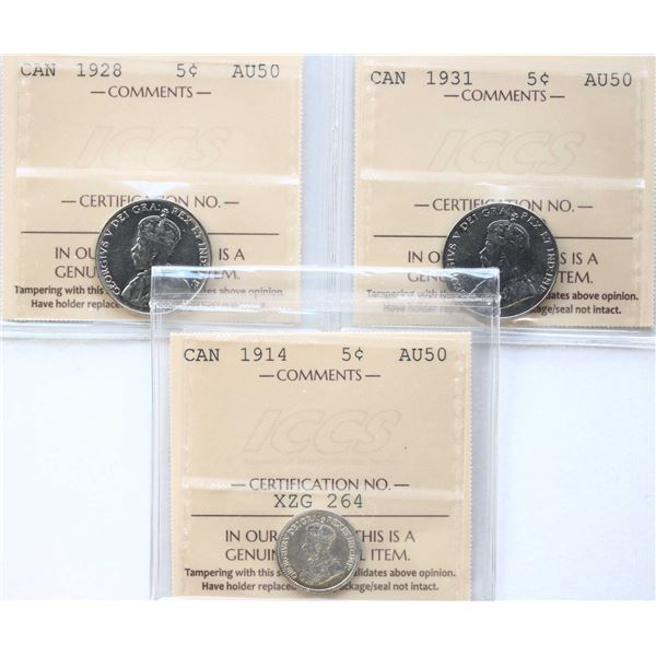 1914 5¢, 1928, 1931, All 3 coins ICCS About Uncirculated-50