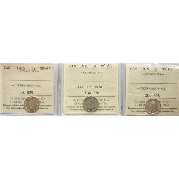 1915 5¢, 1916, 1919 All 3 coins ICCS Choice Mint State-63