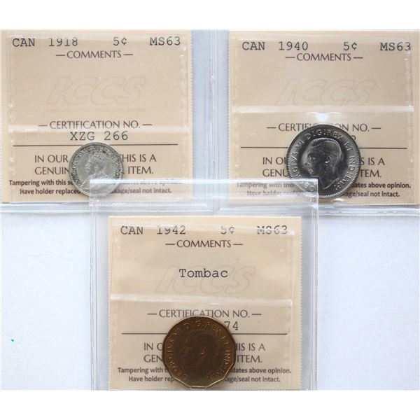 1918 5¢, 1940, 1942 Tombac, All 3 coins ICCS Choice Mint State-63