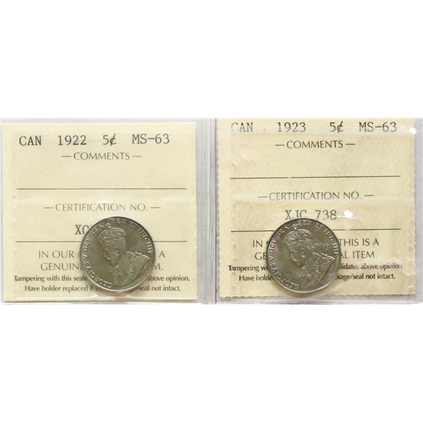 1922 5¢, 1923 Both coins ICCS Choice Mint State-63.