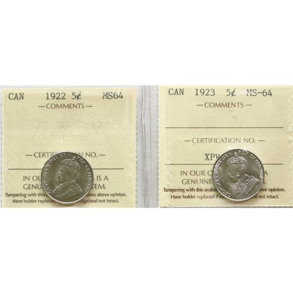 1922 5¢, 1923 Both coins ICCS Very Choice Mint State-64.  Two lustrous coins.