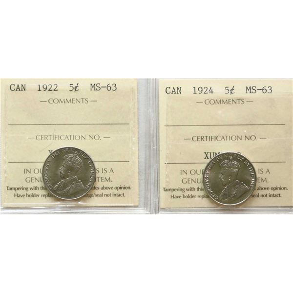 1922 5¢, 1924 Both coins ICCS Choice Mint State-63