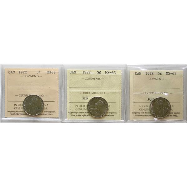 1922 5¢, 1927, 1928 All 3 coins ICCS Choice Mint State-63.