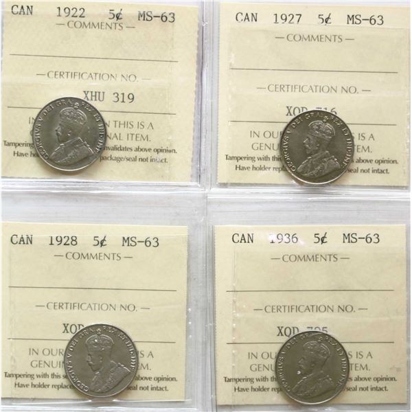 1922 5¢, 1927, 1928, 1936 All 4 coins ICCS Choice Mint State-63.