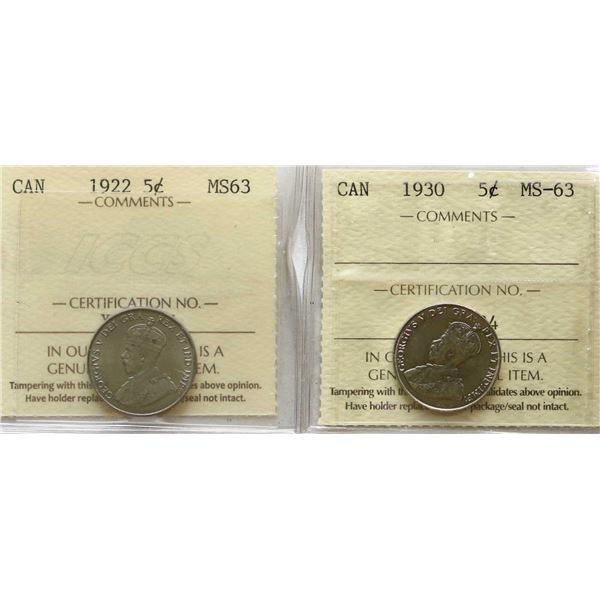 1922 5¢, 1930 Both coins ICCS Choice Mint State-63
