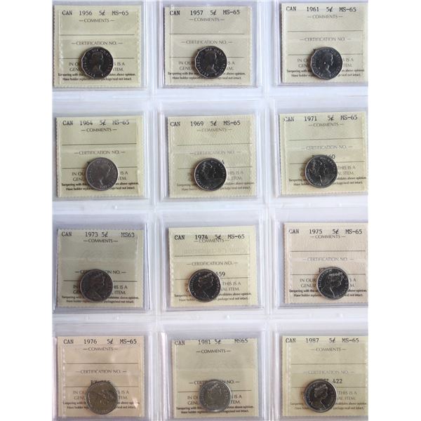 1922 5¢, 1938, 1939, 1945, 1948, 1951 "Comm", 1965 Cameo, All 7 coins ICCS Choice Mint State-63.