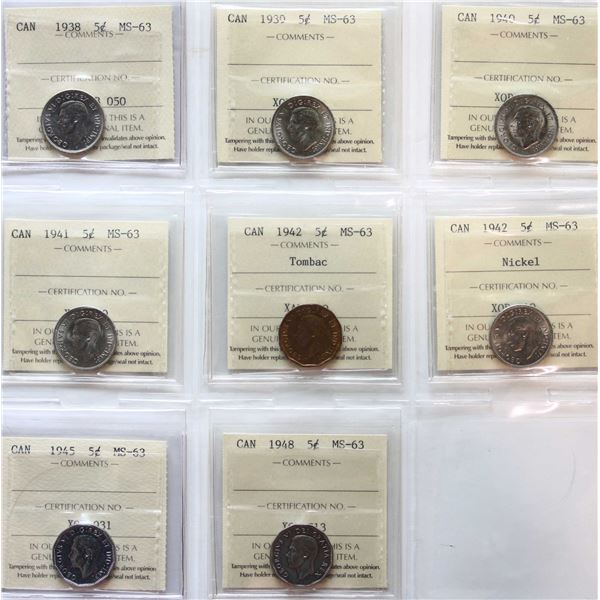 1922 5¢, 1938, 1939, 1945, 1948, 1951 "Comm", 1965 Cameo, All 7 coins ICCS Choice Mint State-63.