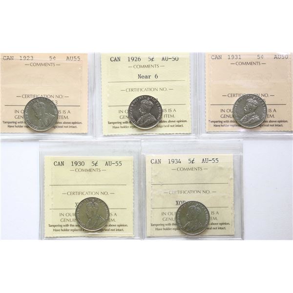 1923 5¢, 1926 "Near 6", 1930, 1931, 1934 All 5 coins ICCS About Uncirculated-50 to Choice About Unci