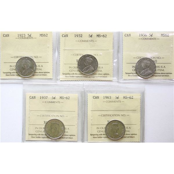 1923 5¢, 1932, 1936, 1937 "Dot", 1963 All 5 coins ICCS Choice Mint State-62.