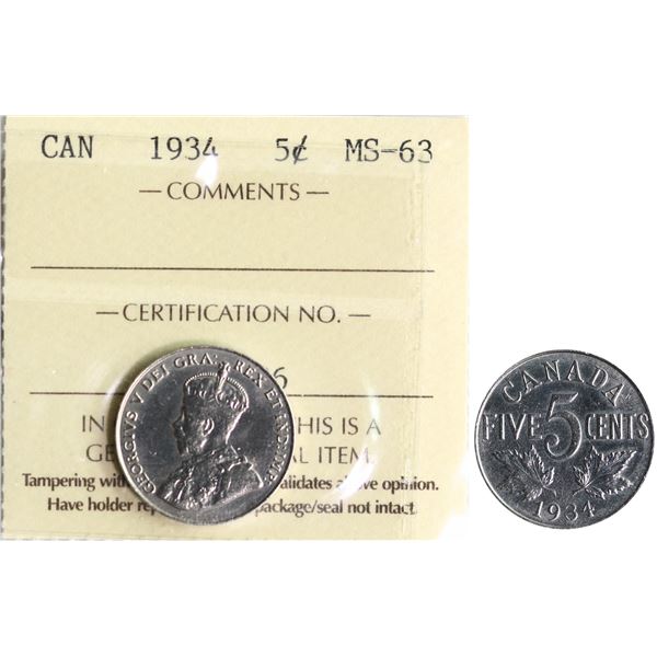 1934 5¢ ICCS Choice Mint State-63 Well struck with nice surfaces and strong lustre.  A better date.