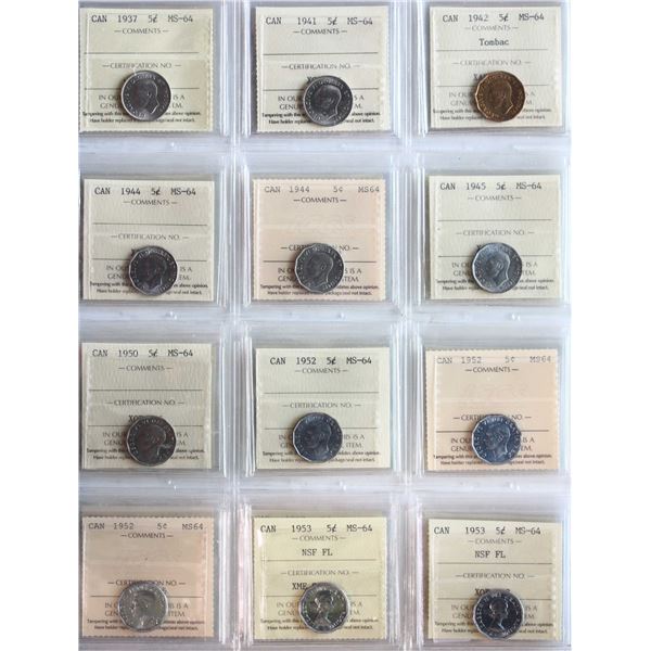 1937 5¢ "Dot", 1941, 1942 "Tombac", 1944 (2), 1945, 1950, 1952 (3), 1953 "NSF FL" (2), 1954 "SF" (3)