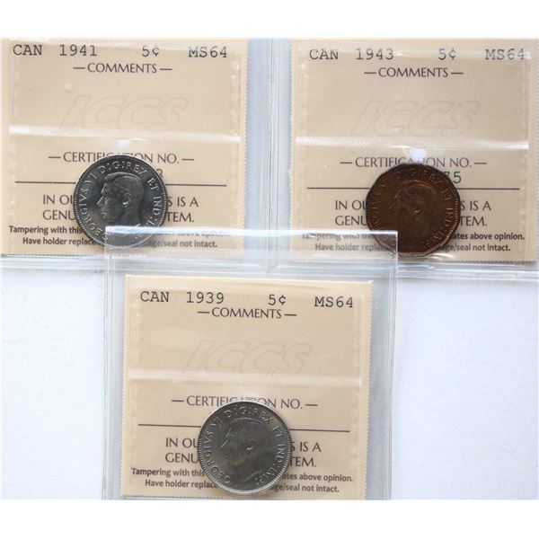 1939 5¢, 1941, 1943, All 3 coins ICCS Very Choice Mint State-64.