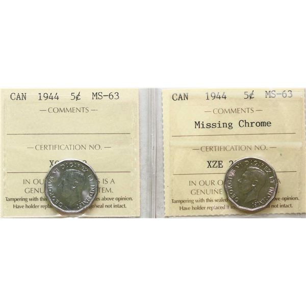 1944 5¢, 1944 "Missing Chrome" Both coins graded by ICCS Choice Mint State-63.
