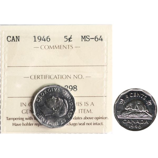 1946 5¢ "Regular" ICCS Very Choice Mint State-64 Well struck with very strong lustre.  A superior ex