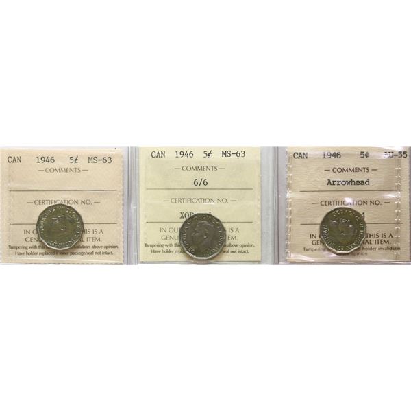 1946 5¢ "Regular", 1946 "6/6", 1946 "Arrowhead" All 3 coins ICCS Choice About Uncirculated-55 to Cho