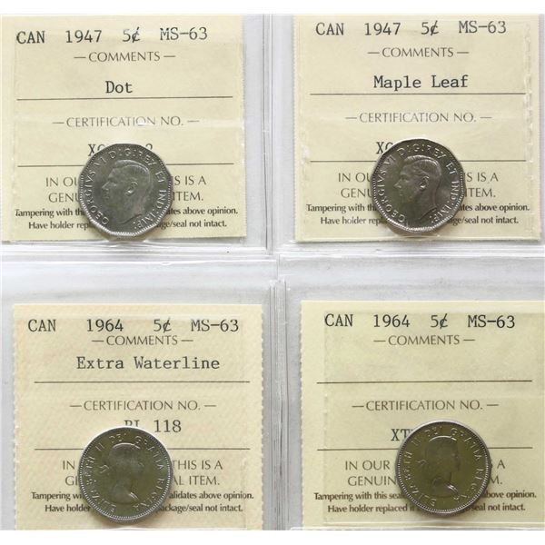 1947 5¢ "Dot", 1947 "ML", 1964, 1964 "EWL".  All 4 coins ICCS Choice Mint State-63.