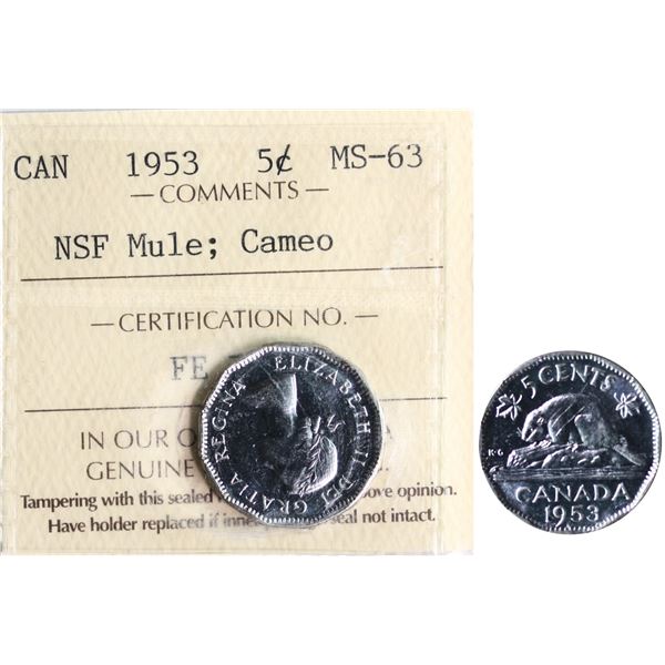 1953 5¢ "NSF - Near 9 - Mule" ICCS Choice Mint State-63 Cameo.  Very scarce variety seldom seen and 