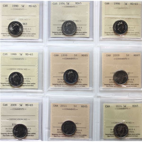 1990 5¢, 1994, 1998, 1999 (2), 2009 (2), 2011, 2016, All 9 coins ICCS Gem Mint State-65.