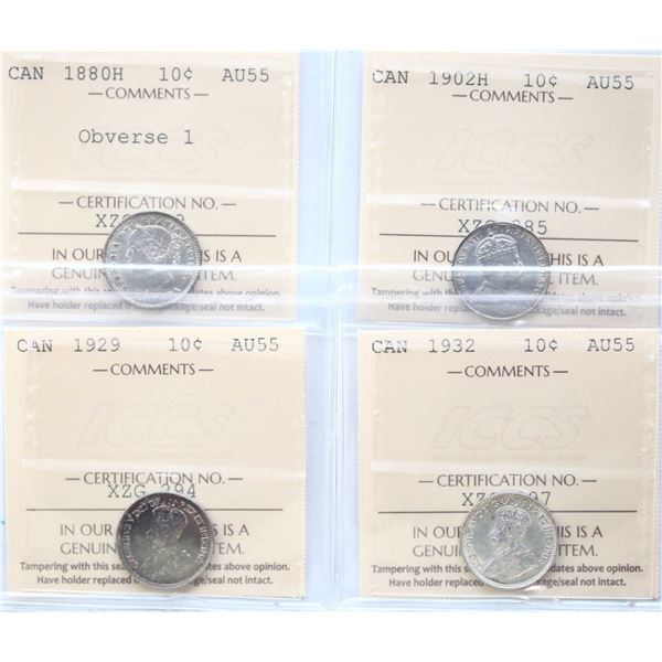 1880H 10¢ "Obv.1", 1902H, 1929, 1932, All 4 coins ICCS Choice About Uncirculated-55.