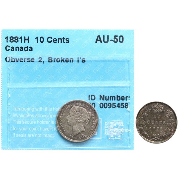 1881H 10¢ "Obv.2, Broken I's" CCCS About Uncirculated-50