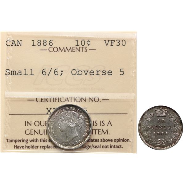 1886 10¢ "Small 6/6 - Obv.5" ICCS Choice Very Fine-30 Lustrous.  Better variety.  Worth a premium bi
