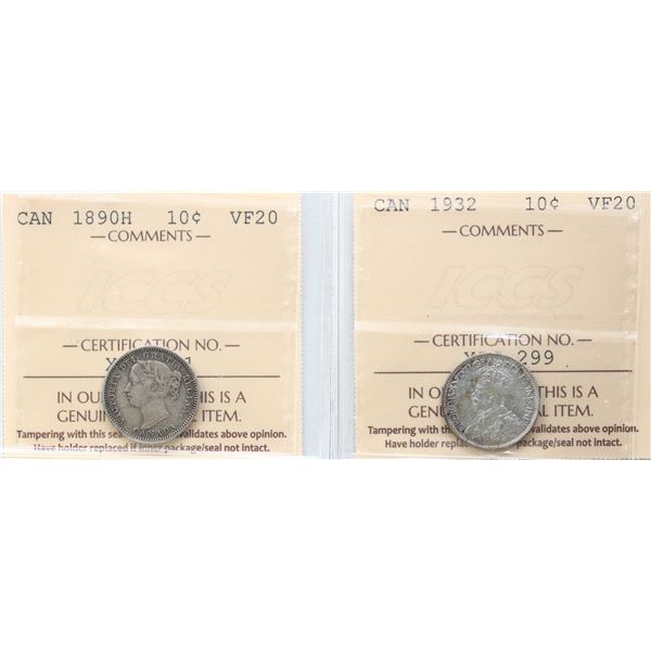 1890H 10¢, 1932, Both coins ICCS Very Fine-20