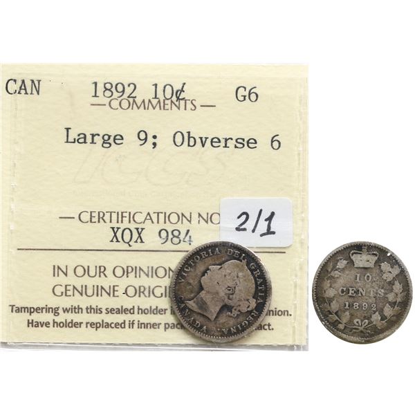 1892 10¢ "Large 9, 2/1 - Obv.6" ICCS Good-6.  Scarcer variety.