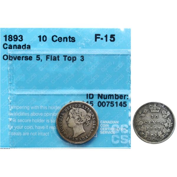 1893 10¢ "FT-3, Obv.5" CCCS Choice Fine-15 Nice and problem free example.