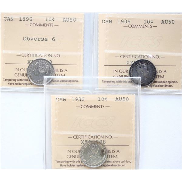 1896 10¢ "Obv.6", 1905, 1932, All 3 coins ICCS About Uncirculated-50